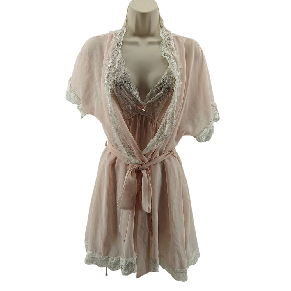 In Bloom Semi Sheer Pink Cream Lace Tie Belt Short Robe Lingerie Womens Xlarge